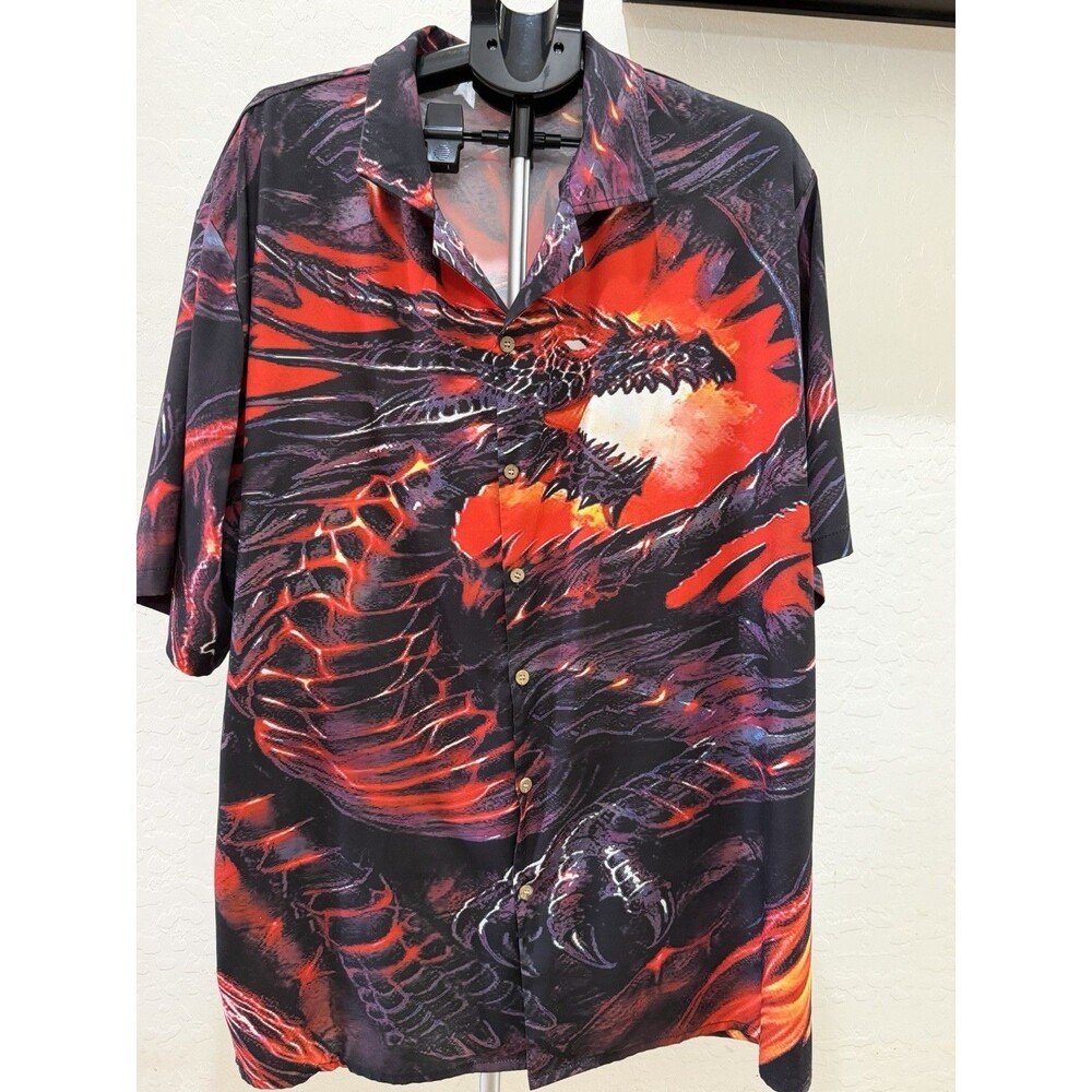 Vintage Y2K NSSI Dragon Shirt Mens 3XL Red Black AOP Button Up Grunge Fire
